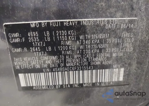 2015 Subaru Outback 2.5I Premium from USA, damaged, VIN 4S4BSAEC6F3215543